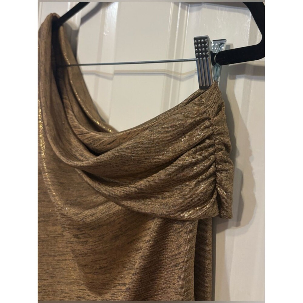Lauren Ralph Lauren Metallic One Shoulder Gold Shimmer Draped Cocktail Blouse Lg - Picture 8 of 9